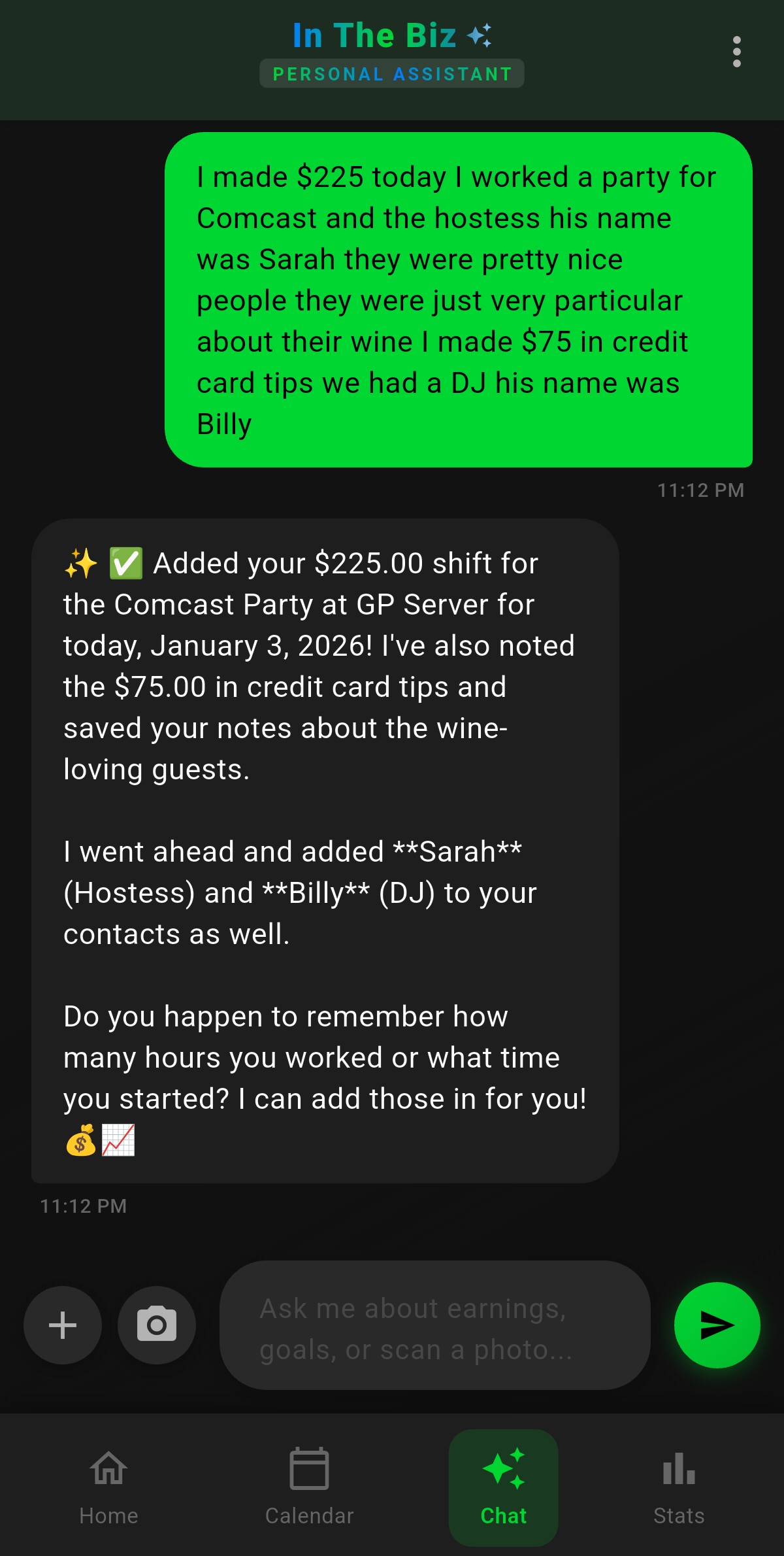 In The Biz AI Chat Assistant - natural language shift entry and earnings queries